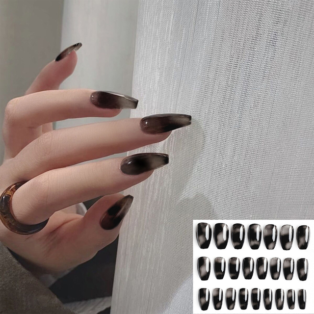 Detachable False Nails French with Black Line Fake Nails Full Cover Nail Art Tips Press on Nails with Glue Manicure Tools