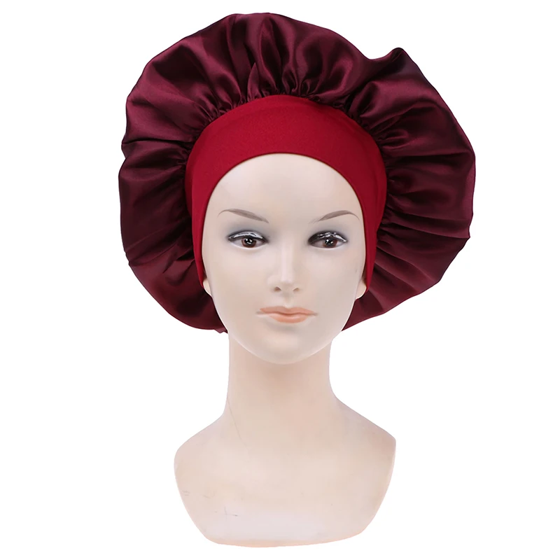 Long Hair Care Women Satin Bonnet Cap Night Sleep Hat Silk Head Wrap Adjust Shower Caps Knitted Cap Solid Color 58cm silk bonnet,hair bonnet,satin bonnet,satin nightcap,sleeping cap