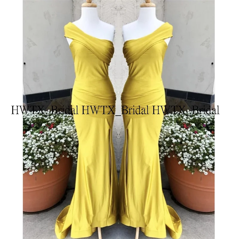 HWTX_Bridal, новинка, платья подружки невесты на одно плечо, сексуальные разрезы, длинное платье русалки для свадебной вечеринки, vestidos de fiesta de noche