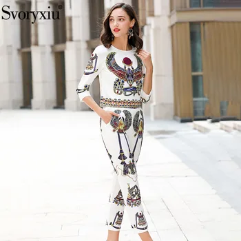 

Svoryxiu Women's Autumn Designer Fashion Two Piece Set Women's 3/4 Sleeve Vintage Printed Tops + Ankle-Length Pants Twinset