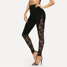 Женские леггинсы с высокой эластичной талией, сексуальные, с цветочным кружевом, с боковыми вставками, с вырезами, черные штаны, женские, уличная одежда, летние брюки размера плюс