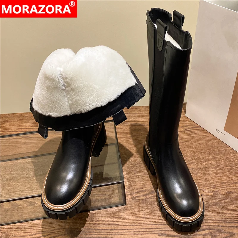 Женские сапоги на толстой подошве MORAZORA черные до колена из натуральной воловьей