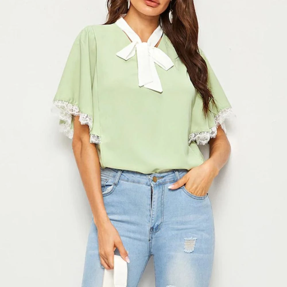 Camisa de chifón verde menta para mujer, blusa Sexy de gasa manga de murciélago y de lazo, camisa de encaje de manga corta para oficina y camisas| - AliExpress