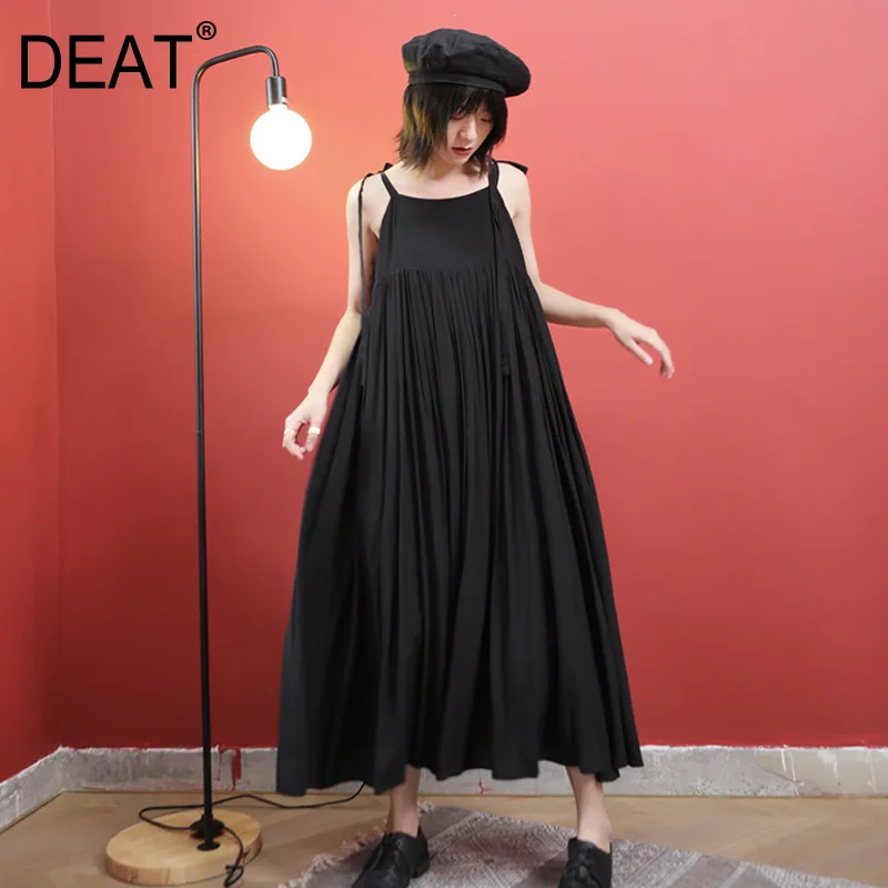 

[DEAT] Women Dress New Strapless Sleeveless Solid Color Draped Big Hem Pleated Loose Fit Fashion Tide Spring Autumn 2019 13D831