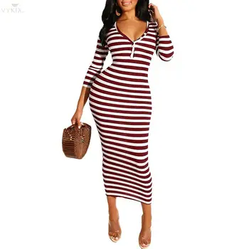

Casual Dress Printed Strip Womens Dresses Button V-neck Slim Three Quarter Sleeves Sexy Dress Robe Simple Pencil Bodycon Dress
