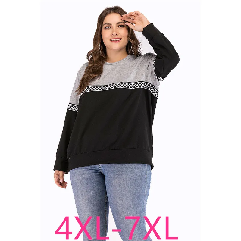 

2019 autumn winter plus size tops for women large long sleeve stripe loose cotton casual O neck T-shirt gray 4XL 5XL 6XL 7XL