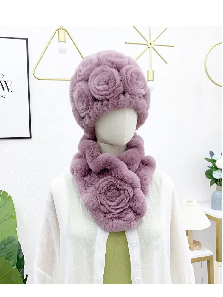 real-rex-rabbit-fur-scarf-flower-fluffy-hat-winter-warm-knitted-women-cap-muffler-set-9-colors-headwear