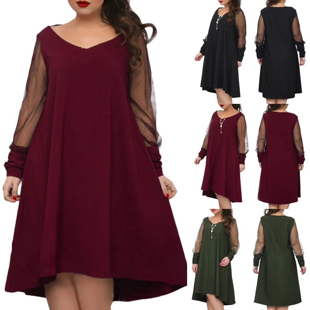 

2XL-6XL large size fashion sexy mesh stitching loose midi dress warm winter casual style women's dress cocktail party dress드레스