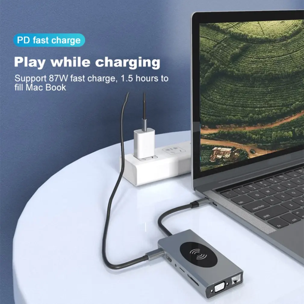 13 ports USB C Docking Station HDMI RJ45 VGA PD USBC Hub for Laptop Macbook Pro with 3 5mm Headphone Jack Type C Hub