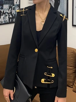 

2020 Spring New Blazer Shoulder Mesh Gauze Stitching Pin Decoration Long Sleeved Single Button Slim Black Suit Jacket Women