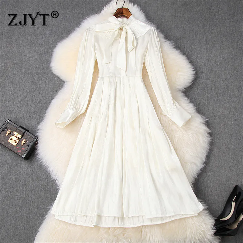 

2020 New Spring Dress Woman Clothes Elegant Lady Long Sleeve Bow Neck Solid Simple Aline Casual Dress Female Vestidos