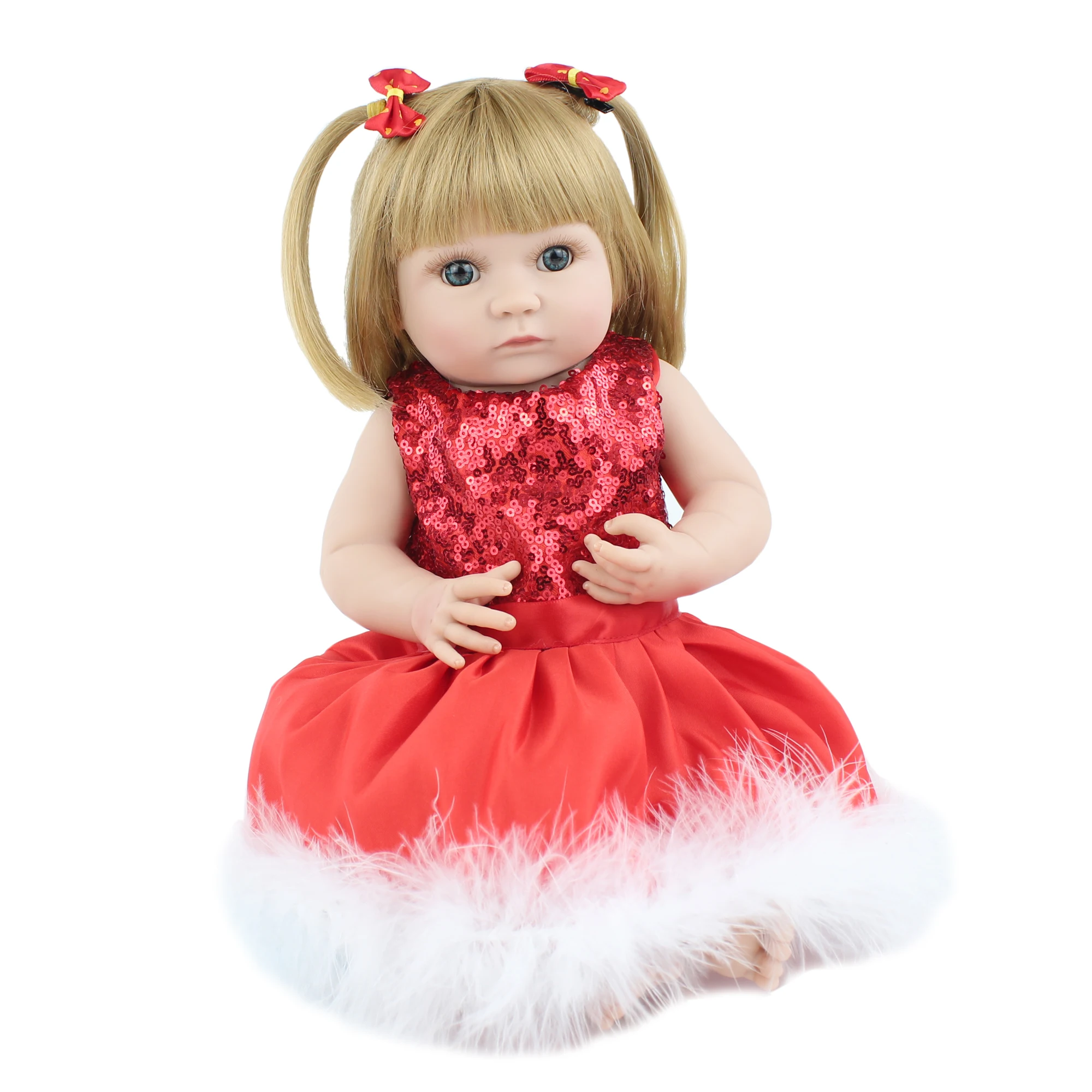 40 см полностью силиконовый корпус блонд Reborn Baby Doll игрушка для девочки мягкий винил Красное длинное платье мини новорожденные дети кукла ребенок Рождественский подарок