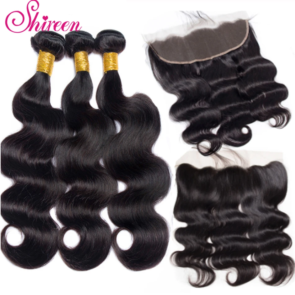 

Human Hair Bundles With Closure Brazilian Body Wave Hair Weave Bundles Lace Frontal Closure With 3 Bundles Shireen Remy Hair 1B