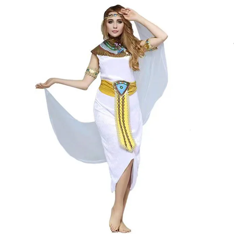 

Long White Woman Cleopatra Cosplay Female Halloween Queen Of Egypt Costumes Carnival Purim Parade Role Play Showing Party Dress