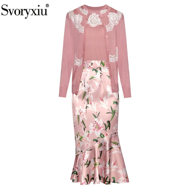 

Svoryxiu Women's Autumn Winter Runway Knitting Skirt Suit Pink Lace Wool Sweater + lily Print Mermaid Skirt Elegant Three Piece Set