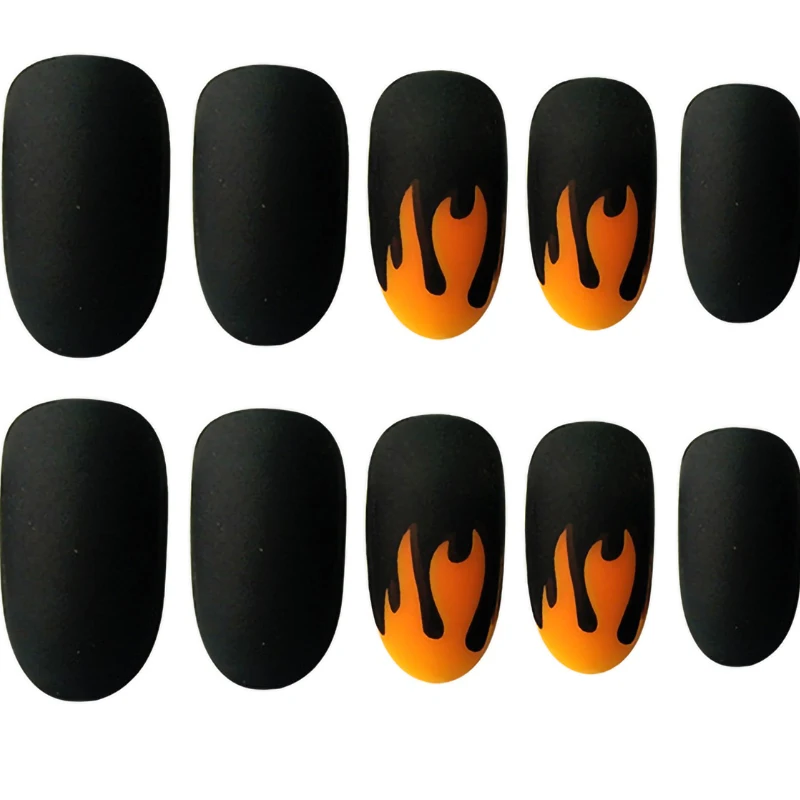 Nusx 24pcs Punk Fire Fake Nails Matte False Nails Dark Black Pre design Short Round Head 5