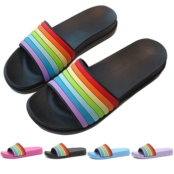 

Women Summer Rainbow Slippers Slip on Slide Sandals Shoes Slides Cartoon Women Slippers Beach Home Flip Flops Women Sandalias