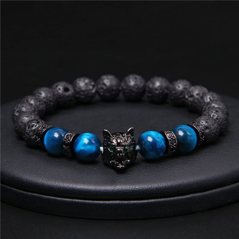 New Handmade 8mm Beaded Bracelet Men Natural Stone Blue Tiger Eye Beads Bracelet Black Wolf Head Charm Energy Bracelet Jewelry