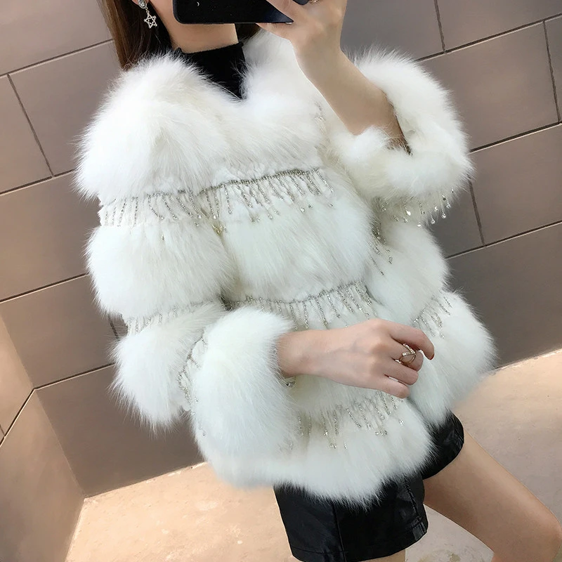 white ZDFURS* зимняя женская одежда, женские зимние пальто и куртки из натурального Лисьего меха с блестящими бриллиантами и кисточками - Цвет: white
