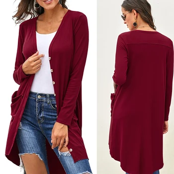

Women Cardigan Long Tops Casual Fall Shopping With Pocket Button Solid Daily Long Sleeve Slim Fashion Outwear Knitted