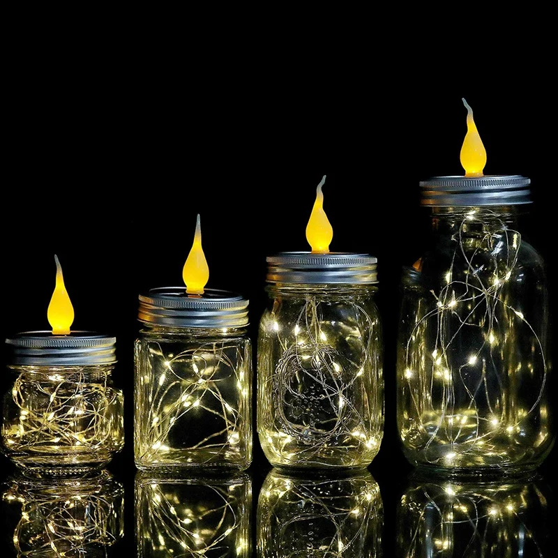 6 шт. в упаковке, солнечные лампы Mason Jar с ручками для свечей и пламени, 20 светодиодных гирлянд, сказочные светлячки, крышки, вставки для обычного Mou