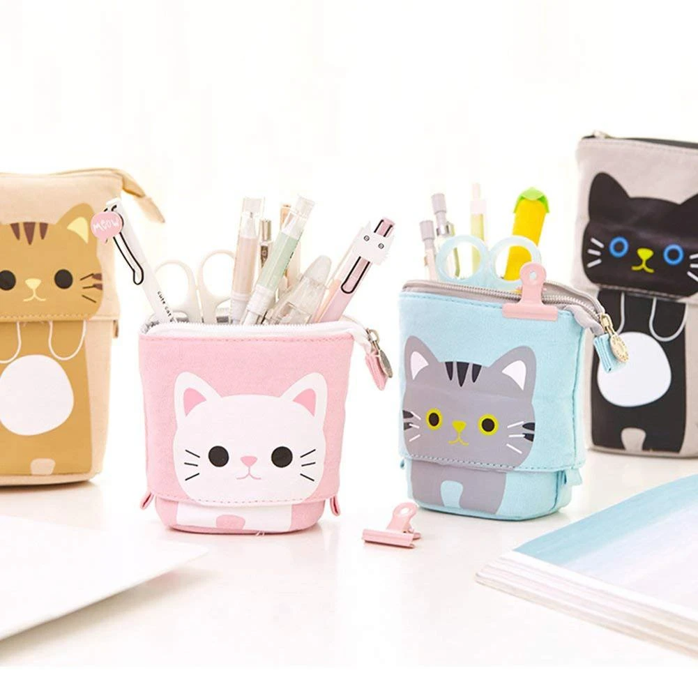 Estuche plegable de lona para bolígrafos, organizador de papelería con dibujo de gato bonito, bolsa telescópica con cremallera, para regalo de niños|Bolsas para lápices| - AliExpress