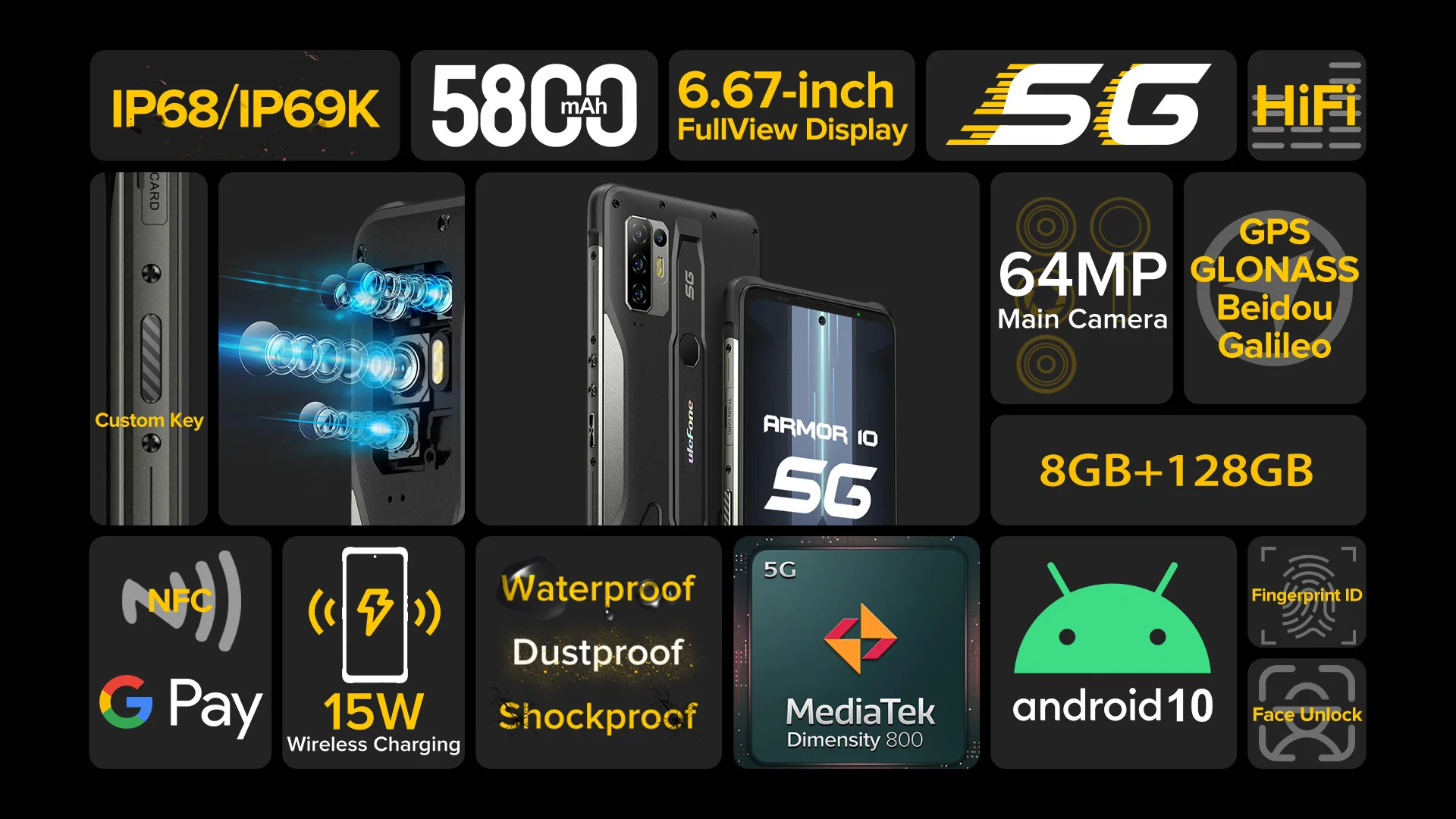 Ulefone Armor 10 5G SmartPhone  Android 10 8GB +128GB Waterproof Rugged Mobile Phone  6.67 FullScreen 64MP Octa Core Cellphone ddr4 ram