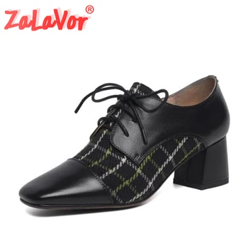 

ZALAVOR Casual High Heels Shoes Women Fashion Plaid Casual Lace Up Office Ladies Pumps Square Toe Vintage Footwear Size 33-40