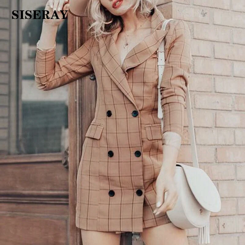 

Chic England Double Breasted Plaid Blazer Dress Autumn Long Sleeve Office Ladies Notched Lapel Blazer Overcoat Women Mini Dress