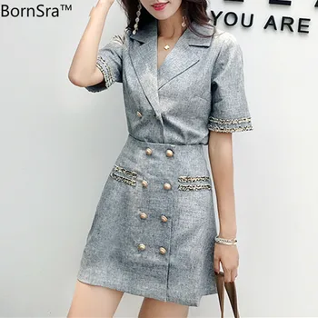 

BornSra 2020 New Summer Woman Sets 2 Pieces Matching Short Skirts Double Breasted Casual Outfits Office Lady Slit Suit