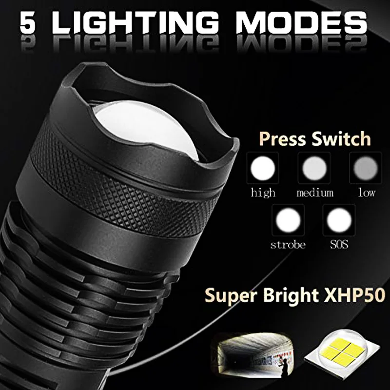 T20 светодиодный светильник-вспышка XHP50 мощный люменов 18650 USB перезаряжаемый светодиодный фонарь масштабируемый светильник для наружного кемпинга пешего туризма охоты