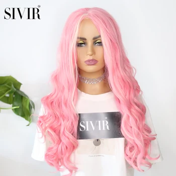 

SIVIR Lace Front Synthetic Wig Pink Purple Colour Long Body Wave 28Inch Wigs For Women Hair Heat Resistant Wigs(For White