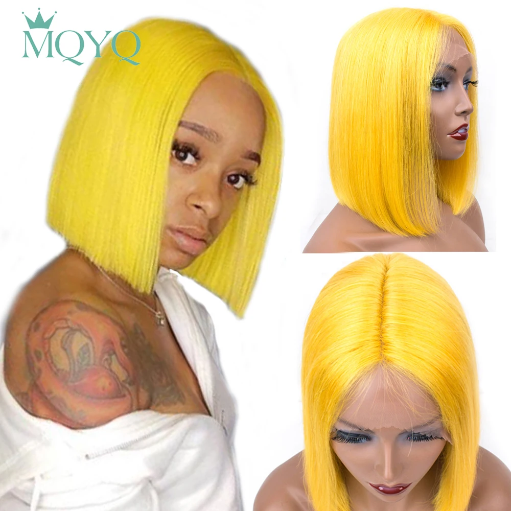 MQYQ желтый бразильский прямой короткий кружевной передний не Реми человеческие волосы парики боб для черных женщин средняя часть кружева передний парик