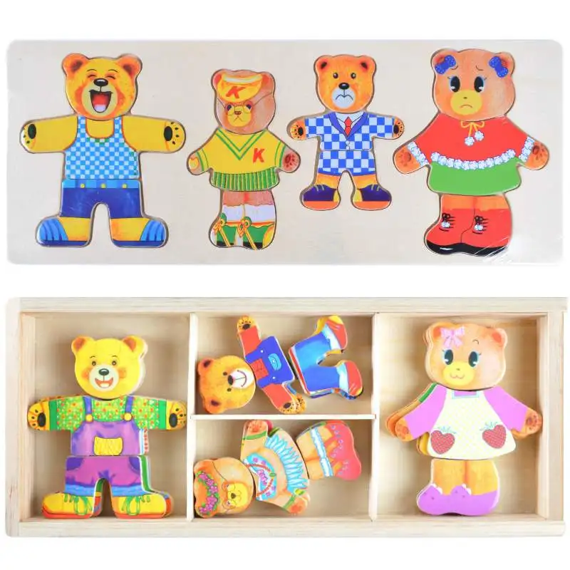 Wooden Bear Family Dress up Puzzle Box-Sorting and Matching Jigsaw Puzzle-Wooden Sorting Toys for 3 Years Old Girls