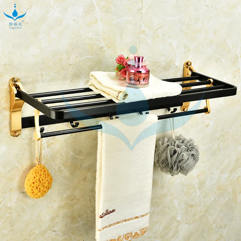 

Alumimum Black And White with Pattern Towel Rack Bathroom Toilet Oxide Black And Golden Towel Rack Thickening Folding with Hook