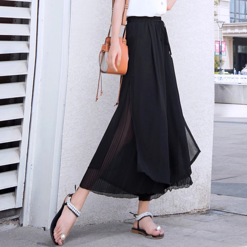 

New Chiffon Slit Nine Wide Leg Pants Summer High Waist Drape Casual Loose Culottes Female Solid Loose Bohemia Skirt Pants 882F