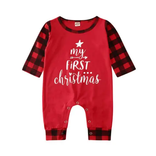 Комбинезон для новорожденных мальчиков и девочек с надписью «My First Christmas», клетчатый комбинезон с длинными рукавами, комплект с леггинсами, одежда из хлопка