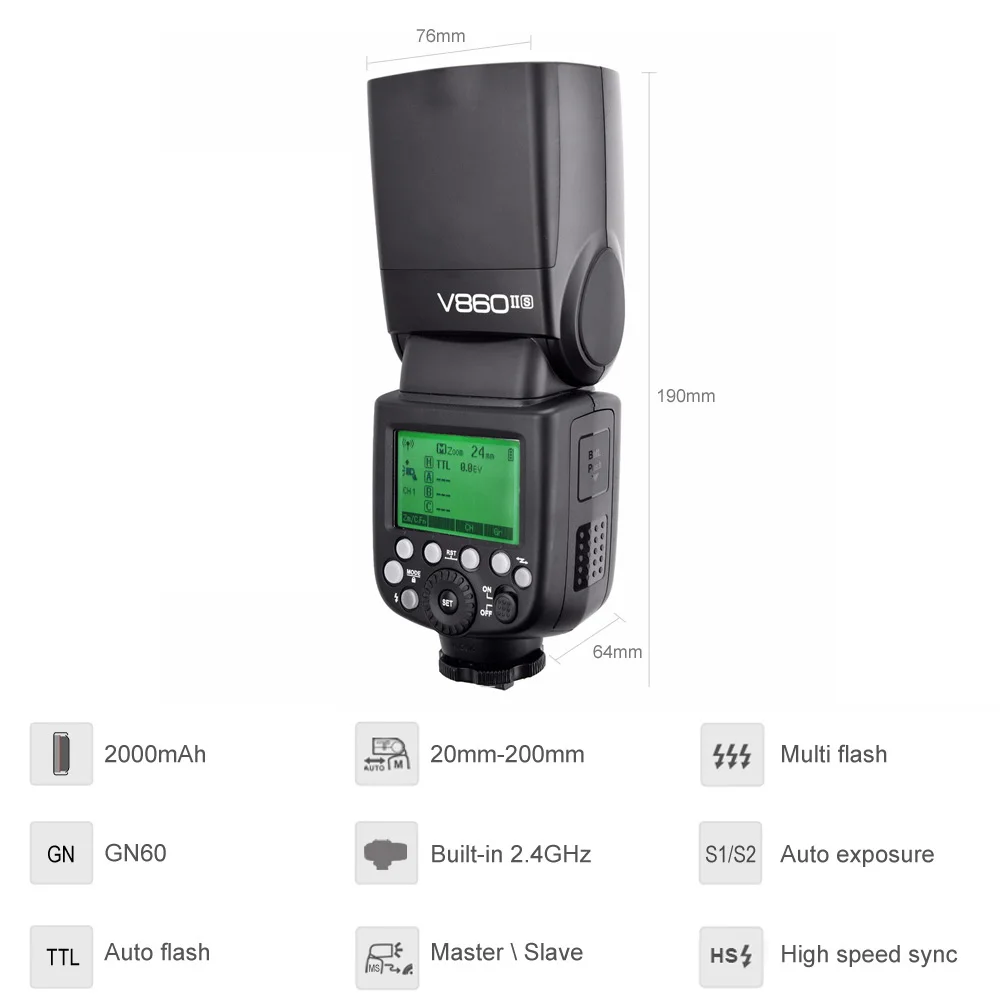 Godox V860II-S V860II-C 860II-N V860II-F V860II-O GN60 TTL HSS Li-ion Battery Speedlite Flash for Sony Nikon Canon Olympus Fuji 3