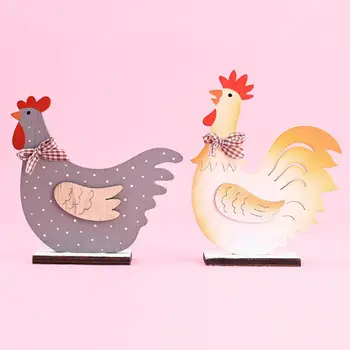 

2Pcs Wooden Easter Rooster Bowknot Chicken Shape Figurines Home Party Decoration
