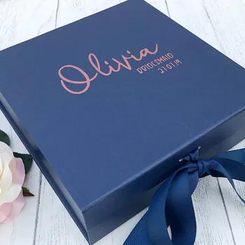 

personalised Navy and rose gold bridesmaid gift box, white custom bridal party thank you boxes with name role date and message