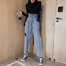 Новое поступление, джинсы для девочек, мягкие хлопковые эластичные джинсы-шаровары с высокой талией и большими дырками для модных женщин