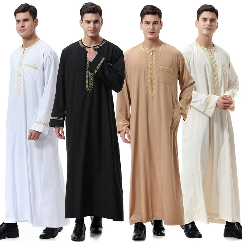 New black jubba thobe islamic clothing men caftan homme zipper arabic