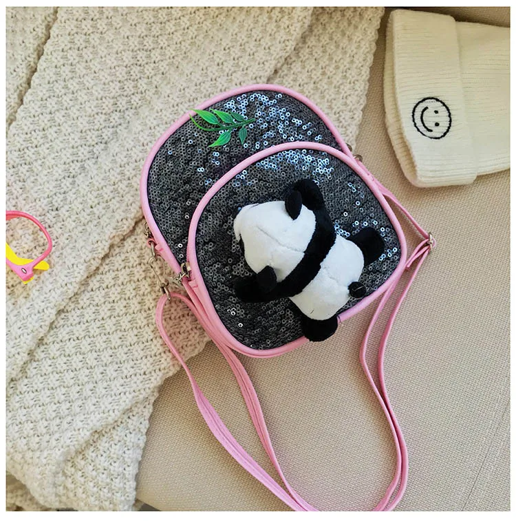 Mini PU leather Crossbody Bag for Little Girls Sequin Gillter School Handbags Teenagers Cute Panda Plush Backpack Pink Black Red (9)