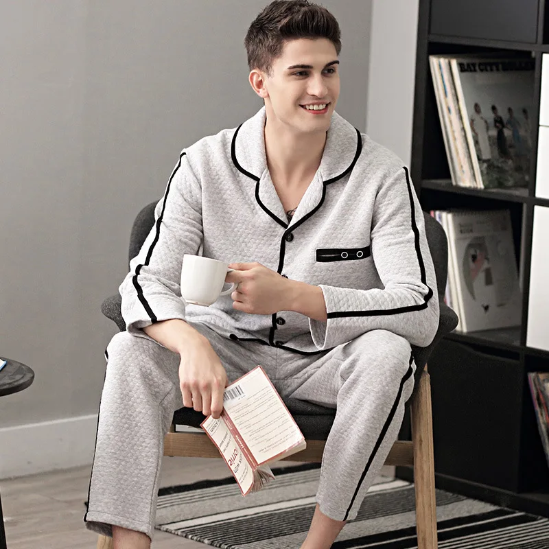 Men Pajamas Set Winter Luxury 100% Cotton Soft Thicken Homewear Warm Sleepwear Pyjama Set Plus Size Thermal Home Clothing