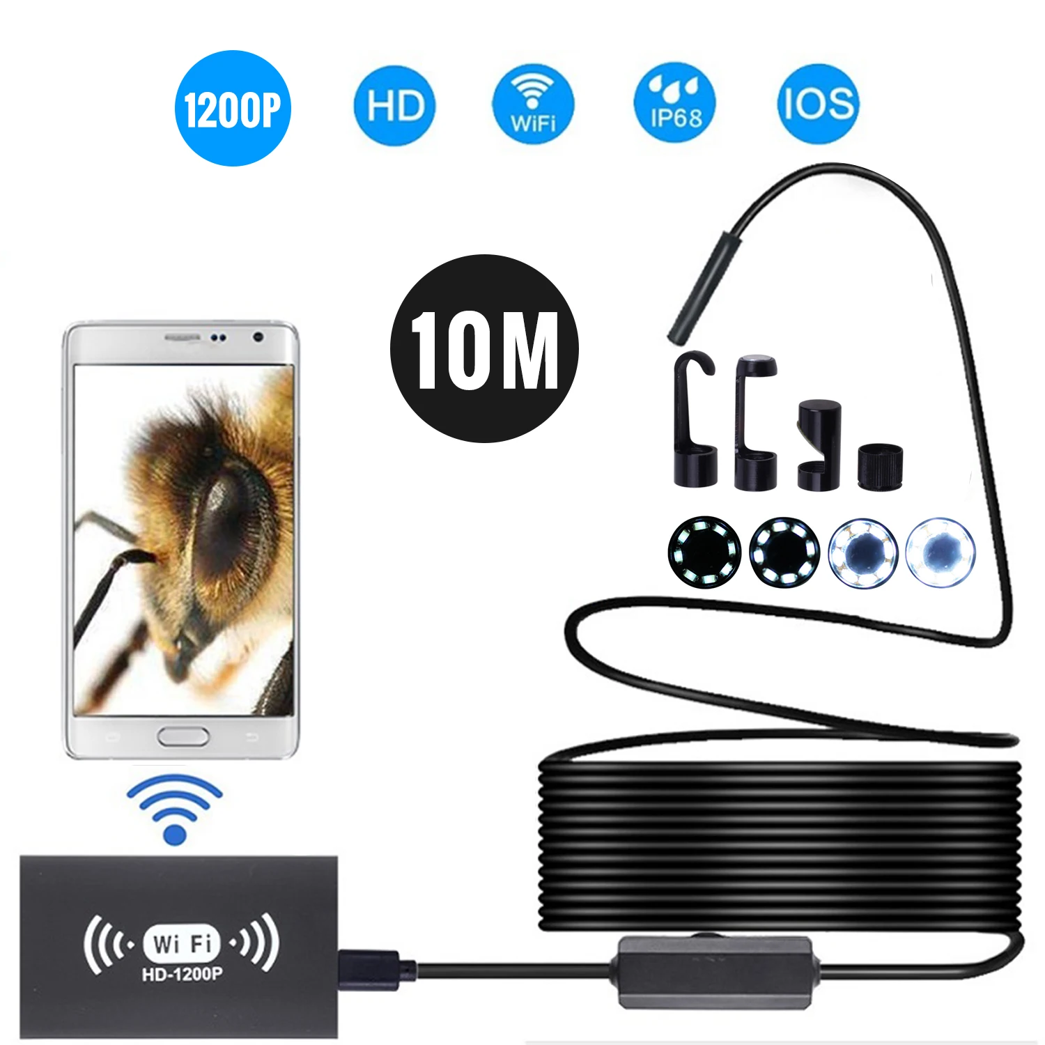 

2/5/10M WIFI Endoscope Camera HD 1200P Mini Waterproof Hard Cable Inspection Camera USB Endoscope 8LED Borescope for Android IOS