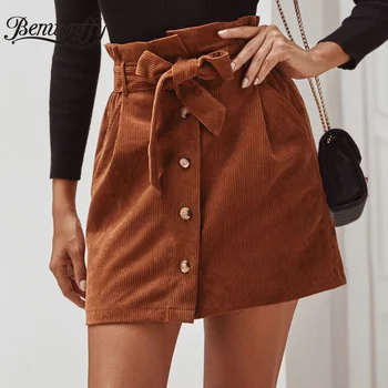 

Benuynffy Solid Corduroy Button Women Skirt with Belt Spring Autumn Casual Streetwear Ladies Pockets High Waist Mini Skirts