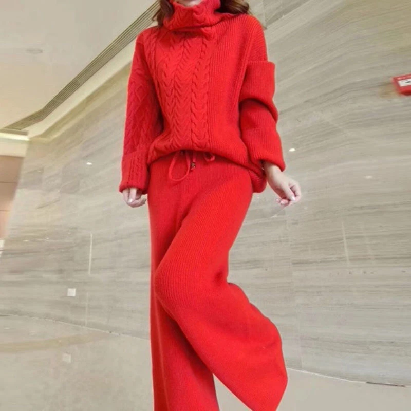 

Winter Women's Suits Fashion Wool Knitting Set Casual Thicken Turtleneck Sweater And Wide Leg Pants 2 Piece Outfits For Women