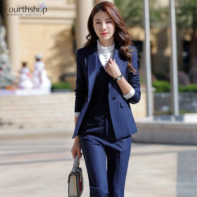 Elegant 3 Pieces Set Women Striped Formal Pant Suits for Office Lady  Business Work Uniform Jacket Waistcoat Trousers Clothes - AliExpress