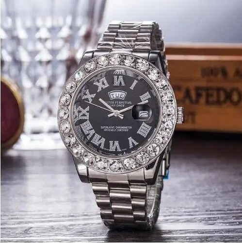Relojes de diamante de lujo de 44MM para mujer, pulsera de plata, reloj de pulsera