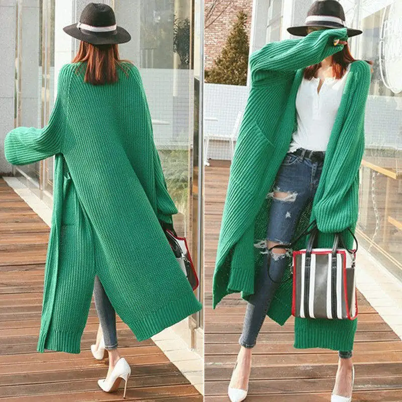 green sweaters Осенне-зимний длинный кардиган, свитер, куртка для женщин с карманом, черный, розовый, Свободный вязаный кардиган, утолщенный теплый кардиган, пальто C5998 - Цвет: green sweaters